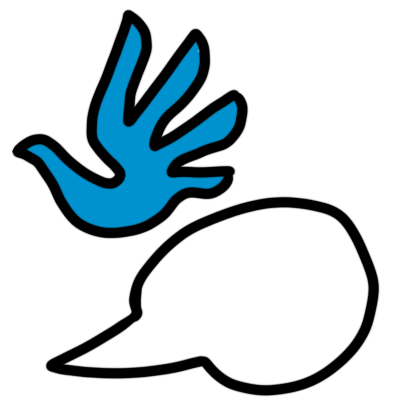 the human rights emblem (a blue handprint shaped like a dove) with a white speech bubble below it.